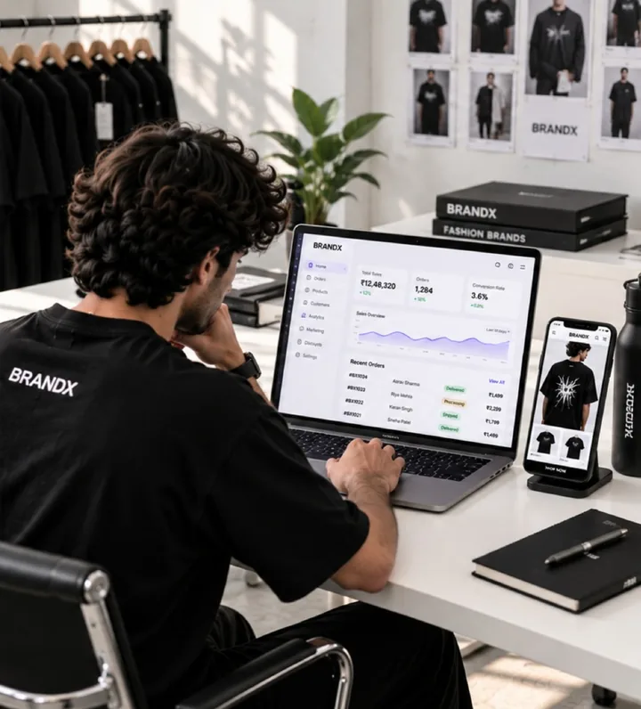 Laptop showing a sales dashboard on a brand studio desk